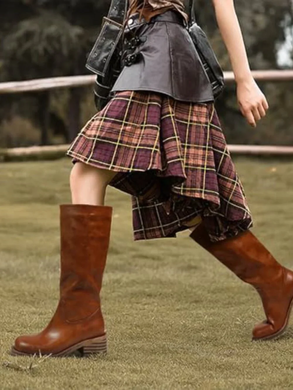 Faux Leather Knee High Block Heel Square Toe Boots